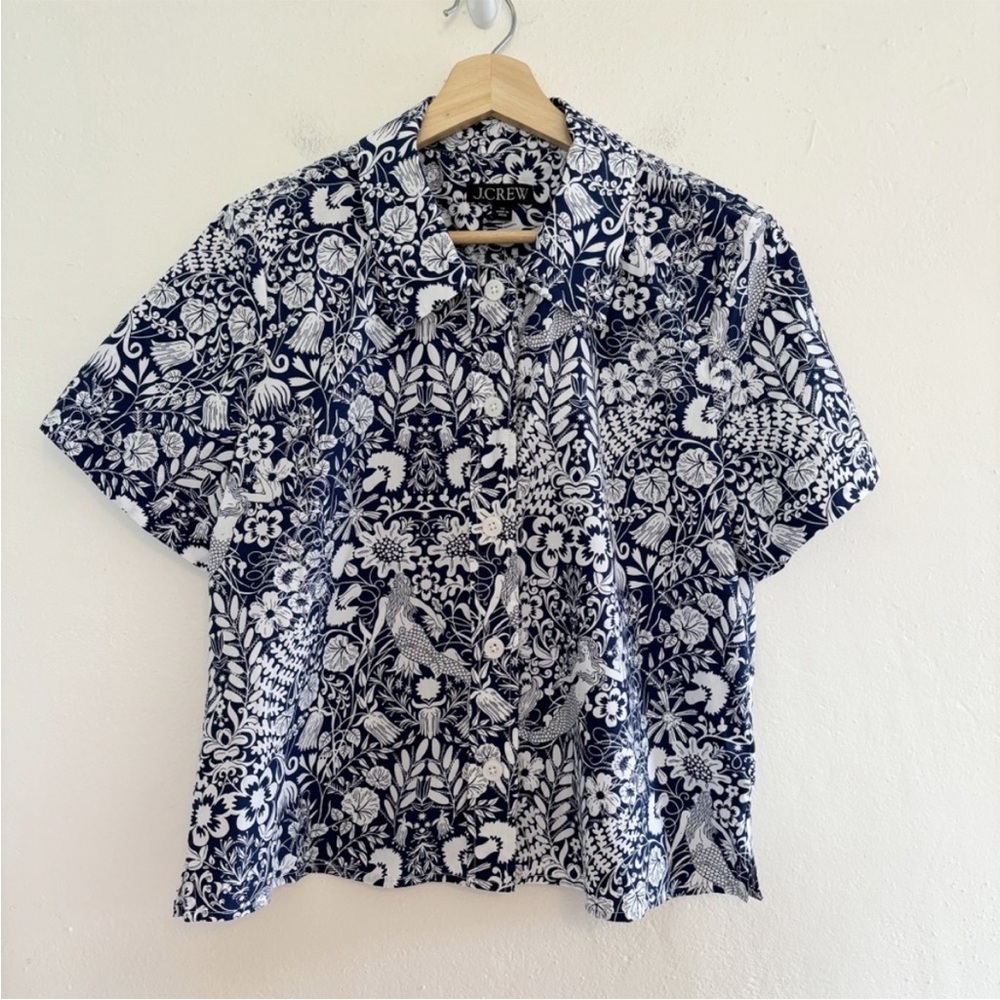 J.Crew Blue Mermaid Print Cropped Button Down Shirt Size 10 NWT